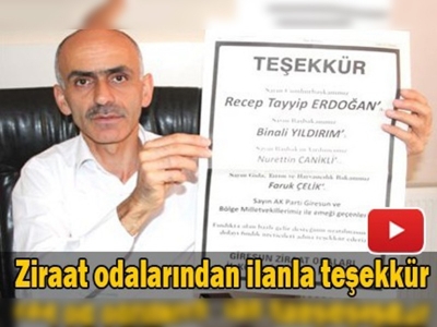 Ziraat odalarından ilanla teşekkür