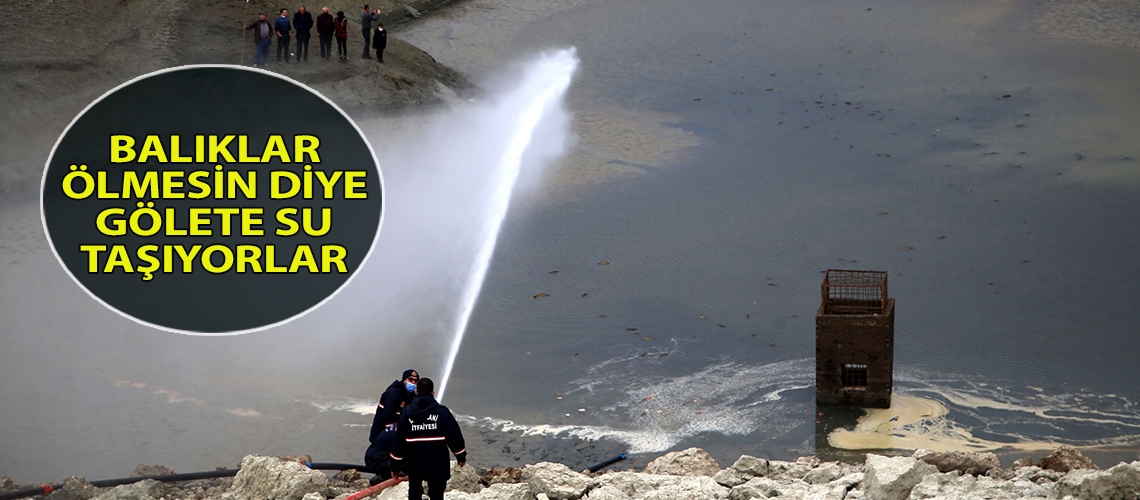 Balıklar ölmesin diye gölete su taşıyorlar